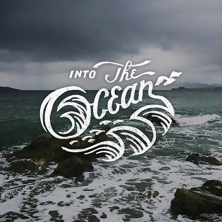 an image of the ocean and rocks under a cloudy sky with words that read into the ocean