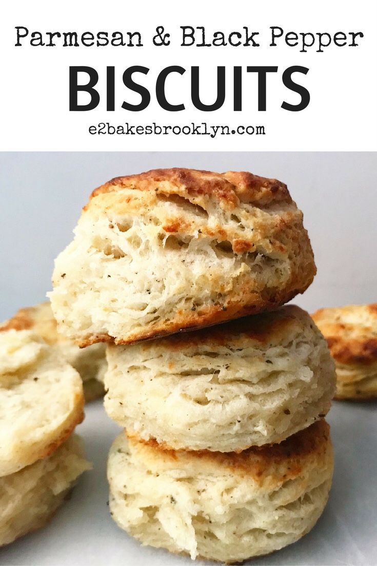 three biscuits stacked on top of each other with the words parmesan and black pepper biscuits