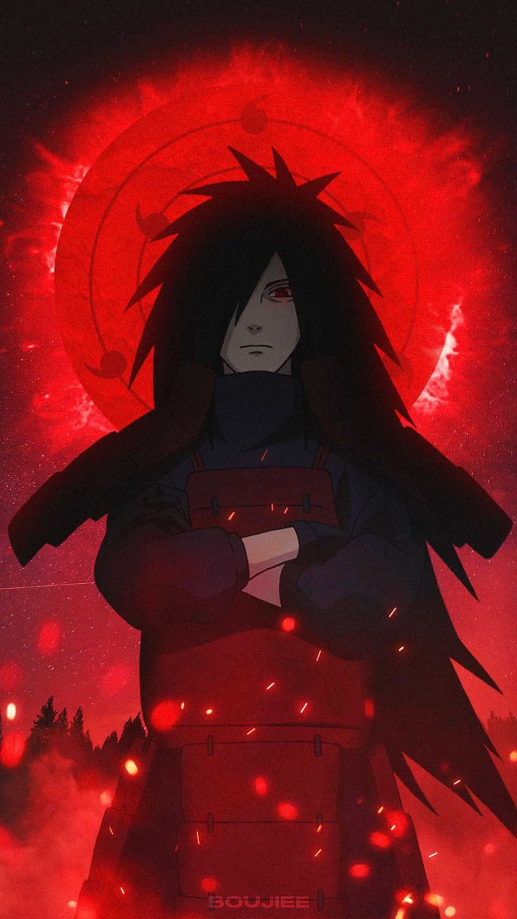 an anime character with long black hair and red eyes standing in front of the sun