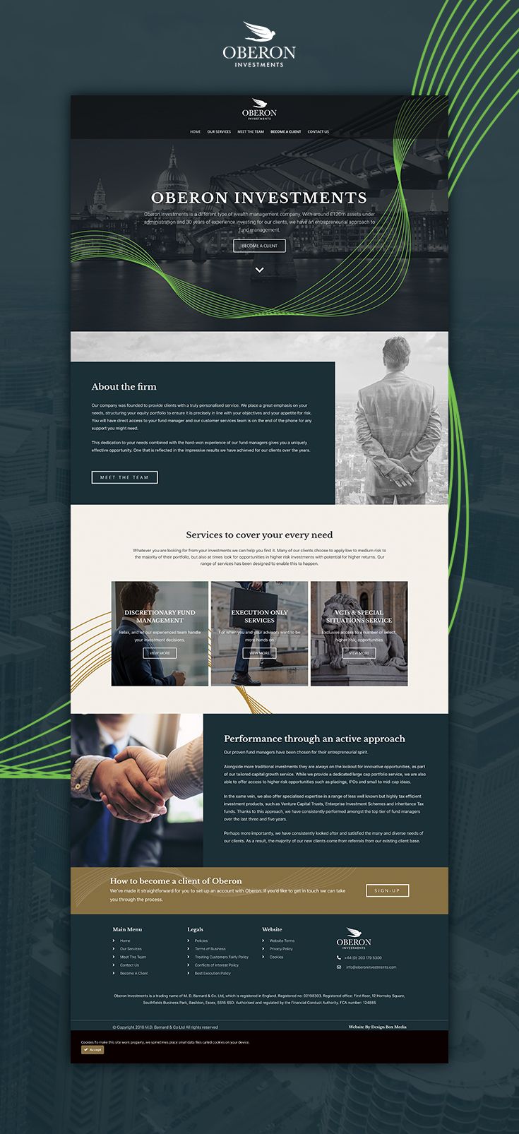 the website design for an investment firm is shown in black and green colors, with gold accents