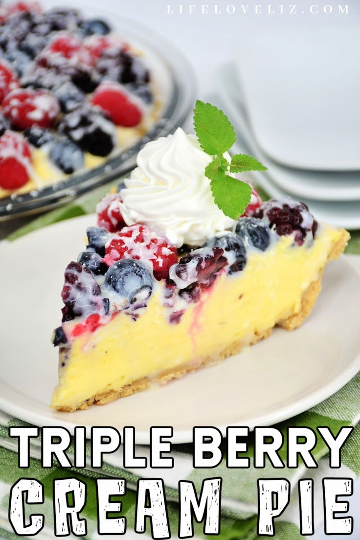 a slice of triple berry cream pie on a plate