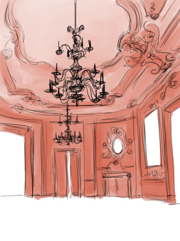 a drawing of a chandelier hanging from the ceiling in a room with pink walls