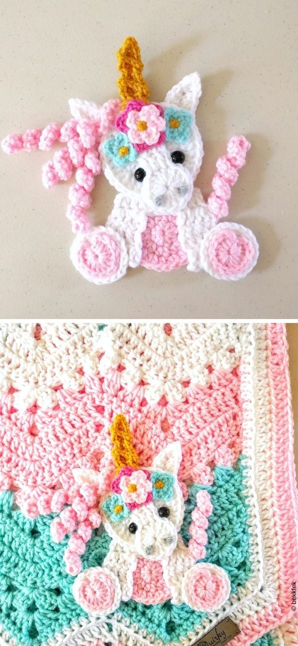 crocheted unicorn blanket and teddy bear on top of each other with the same pattern