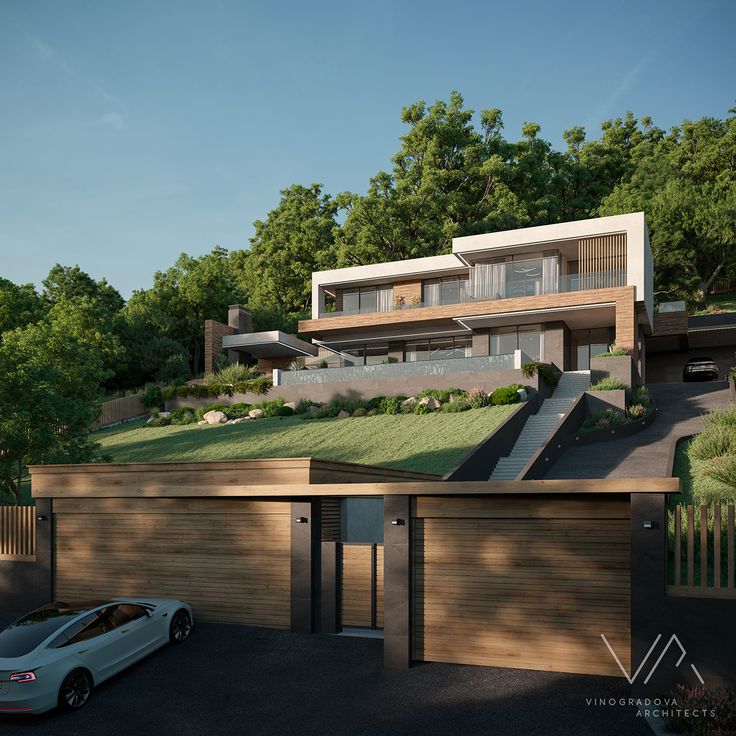 an artist's rendering of a modern house on top of a hill in the woods