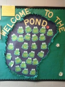 a welcome to the pond bulletin board with green frogs on it's front and back