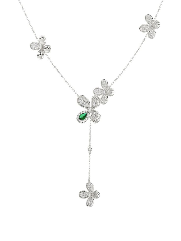 The Floral White Gold Y Necklace is an 18 karat white gold chain with a diamond and natural emerald four-leaf clover at its center. The delicate chain is blossoming with diamond-set flowers. Elegant May Birthstone Necklace In Flower Shape, Elegant Flower-shaped Necklace With May Birthstone, Elegant Flower Shaped Necklace With May Birthstone, Elegant May Birthstone Necklace With Flower Shape, Elegant Flower-shaped May Birthstone Necklace, Jewlery Necklace, Collection Ideas, Gold Jewellry, Mens Bracelets