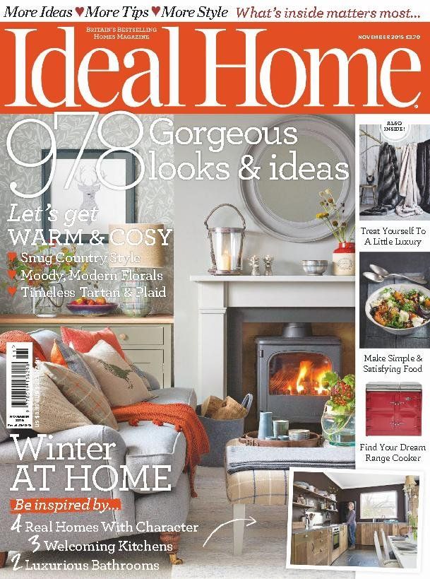 the front cover of ideal home magazine, featuring furniture and fireplaces in various rooms