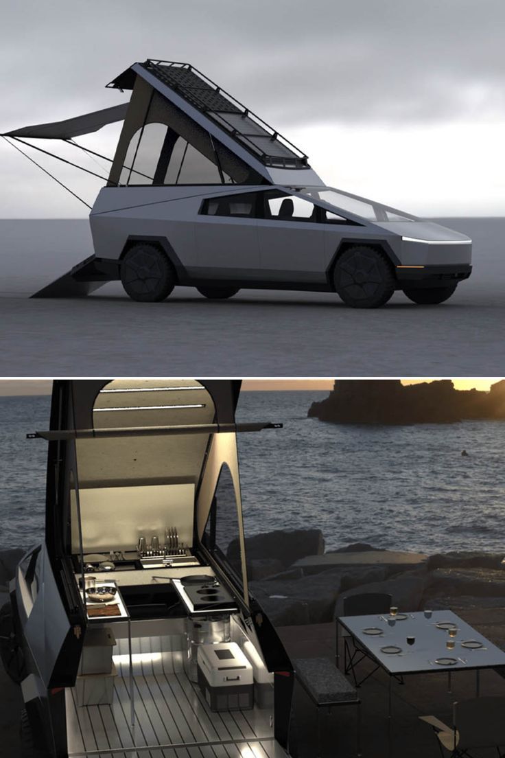 This Wedge-Style Space Camper is Perfect Companion for Tesla Cybertruck Tesla Cybertruck, Glamping Resorts, Rv Adventure, Van Home, Wedges Style, Camper Trailers, Open Road, Camper Van, Van Life