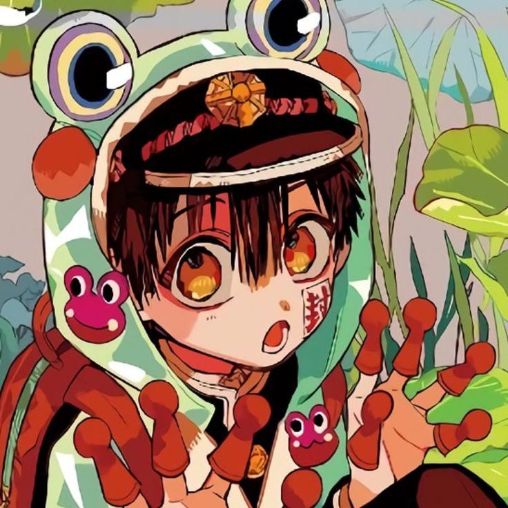 an anime character with big eyes and a frog on his head is holding something in front of him