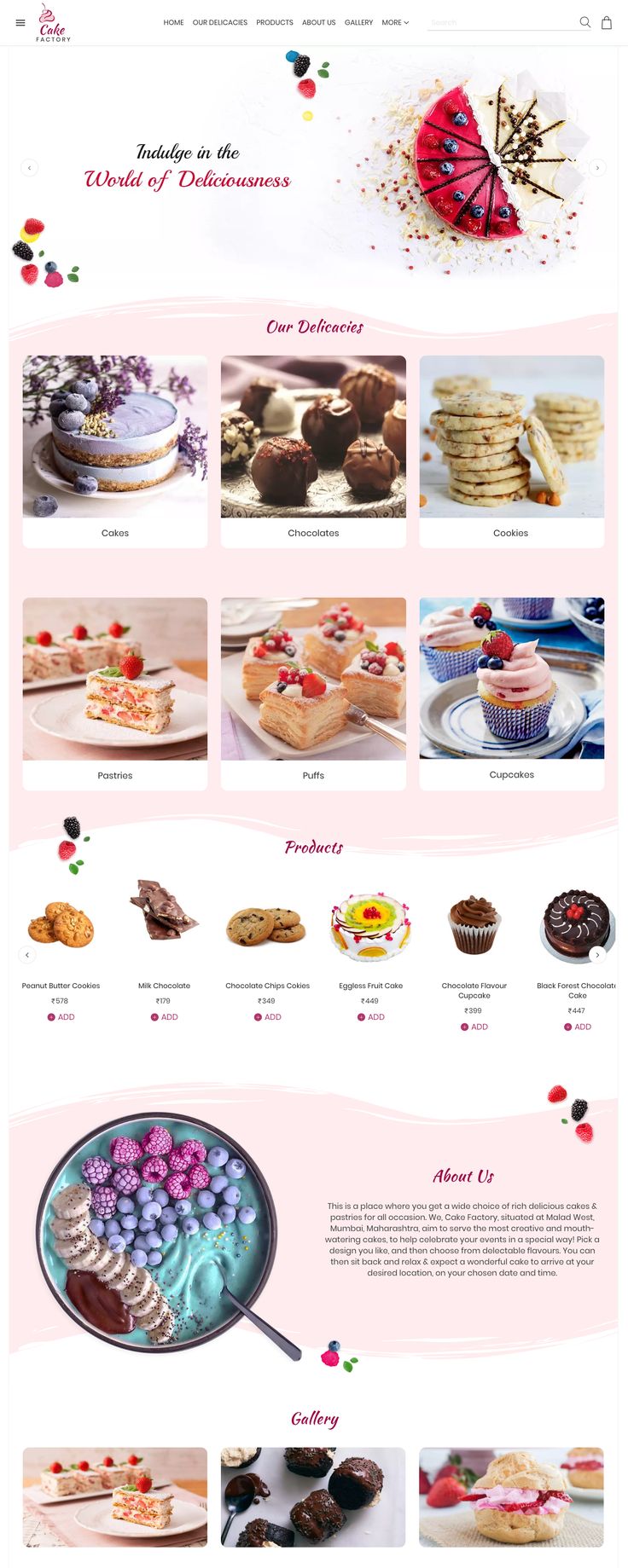 an image of a website page for cakes and pastries