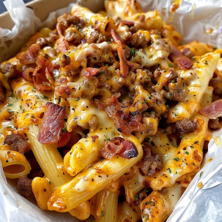 a pasta dish with sausage, cheese and other toppings