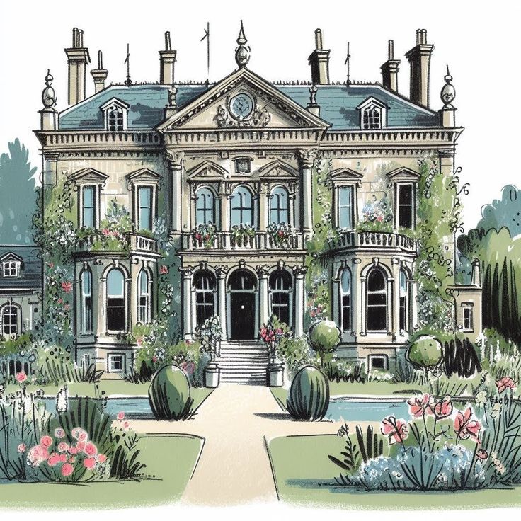 this is an artist's rendering of a large house in the country side garden