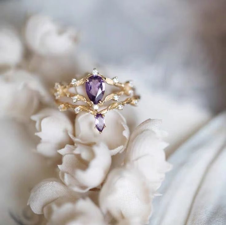 Vintage Amethyst Engagement Ring Set Dainty Teardrop Amethyst - Etsy Exquisite Silver Amethyst Ring For Wedding, Gold Amethyst Diamond Ring For Wedding, Gold Amethyst Ring For Wedding, Fine Jewelry, Elegant Wedding Amethyst Gemstone Ring, Heirloom Amethyst Ring With Rose Cut Diamonds For Wedding, Heirloom Amethyst Ring In White Gold For Wedding, Elegant Diamond Amethyst Ring For Weddings, Exquisite Amethyst Ring For Wedding, Exquisite Amethyst Wedding Ring