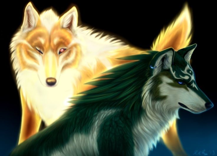 two wolfs standing next to each other on a dark background with blue and yellow colors