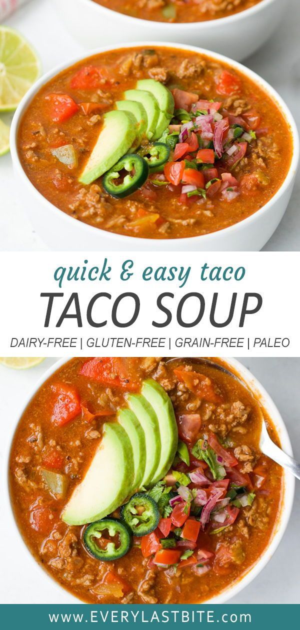 two bowls filled with taco soup and topped with avocado