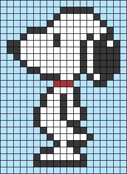 a cross stitch pattern with a dog's face in black, white and red