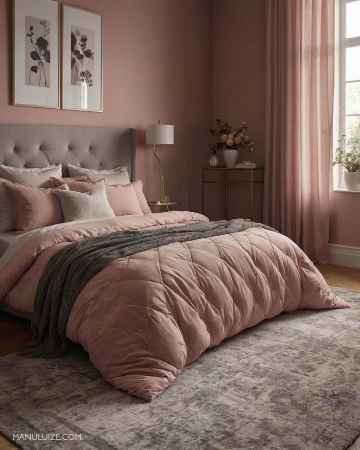 a bed with pink comforter and pillows in a bedroom