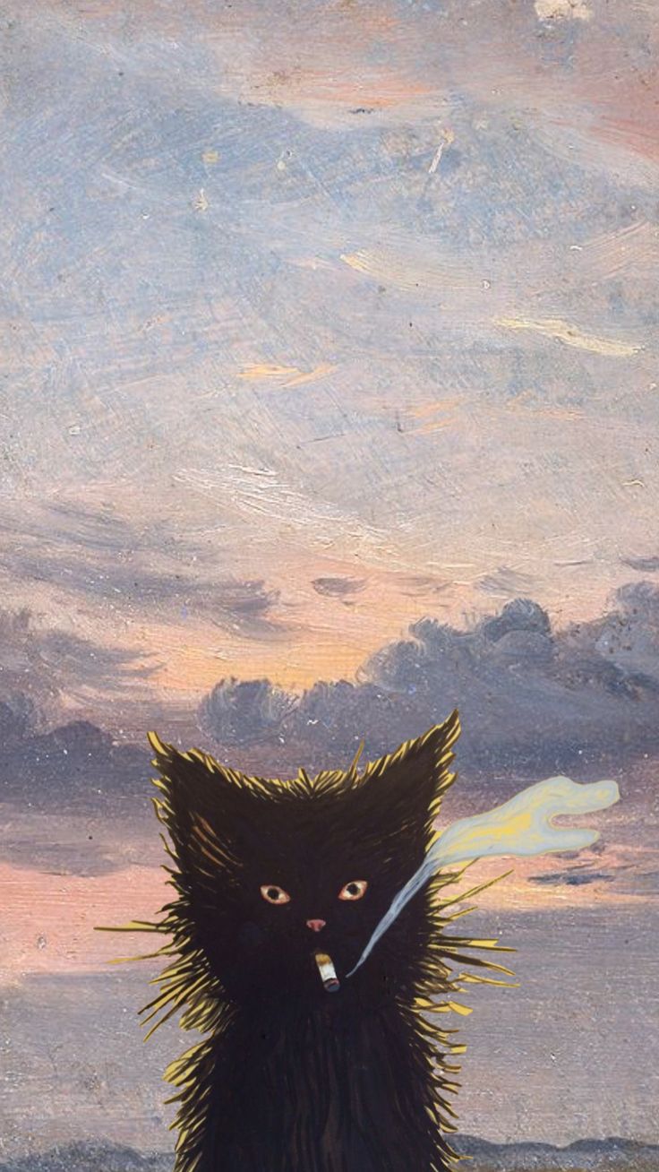 Winter Cat Aesthetic Wallpaper, Weird Cat Wallpaper, Vintage Cats Illustration, Dark Fatale Aesthetic, Weird Wallpapers Aesthetic, Cat Ciggerate, Fairy Cat Wallpaper, Messy Aesthetic Wallpaper, Funny Cat Paintings