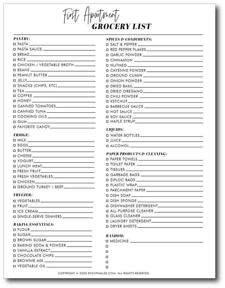 the printable grocery list is shown in black and white, with text on it