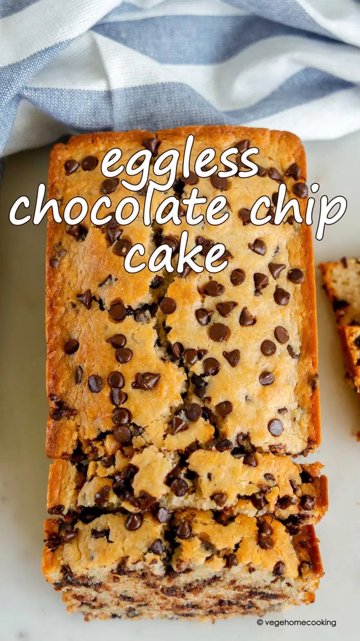 eggless chocolate chip cake on a white plate