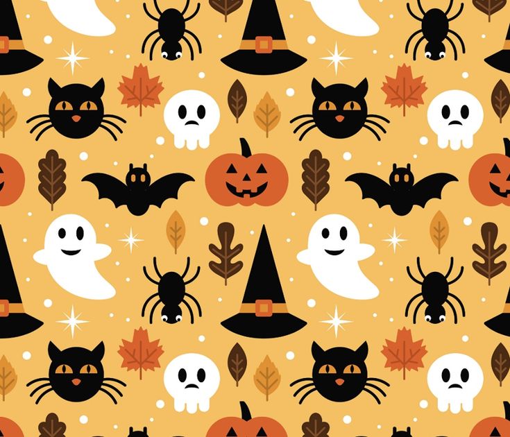 halloween seamless pattern with black cats, pumpkins and ghostes on an orange background