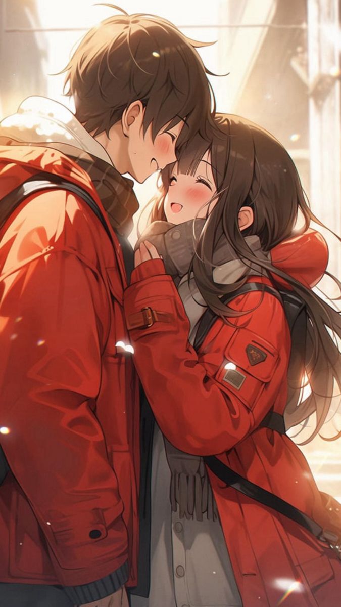 two people are kissing in front of an orange building with snow falling on the ground