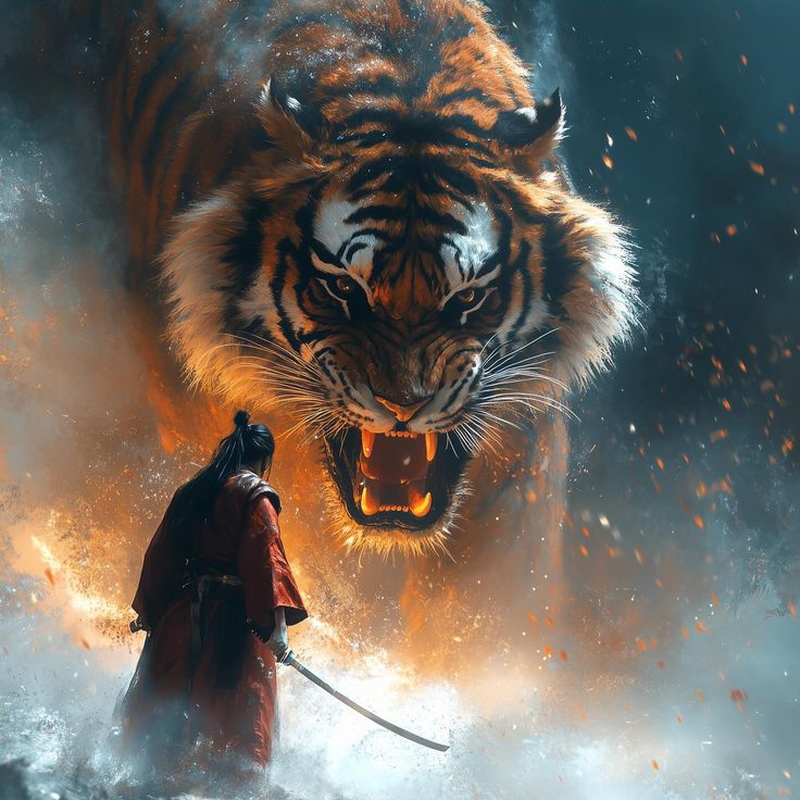 a tiger with its mouth open standing next to a man in front of a fire