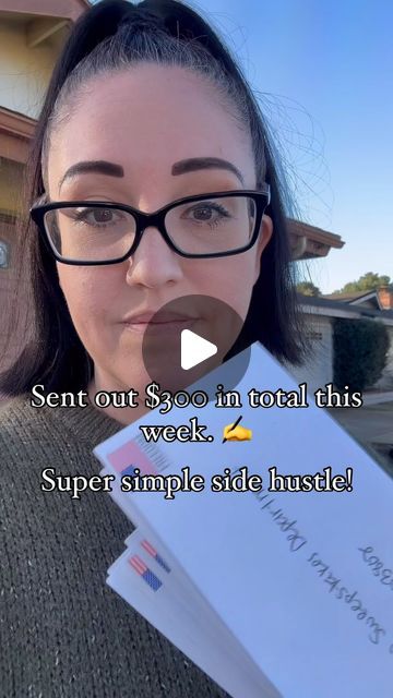 a woman with glasses is holding up a piece of paper that says, send out $ 600 in total this week super simple side hustle