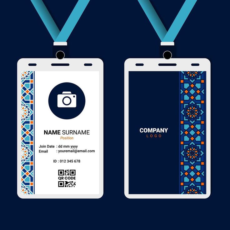 two id cards with lanyards attached to them on a dark blue and white background