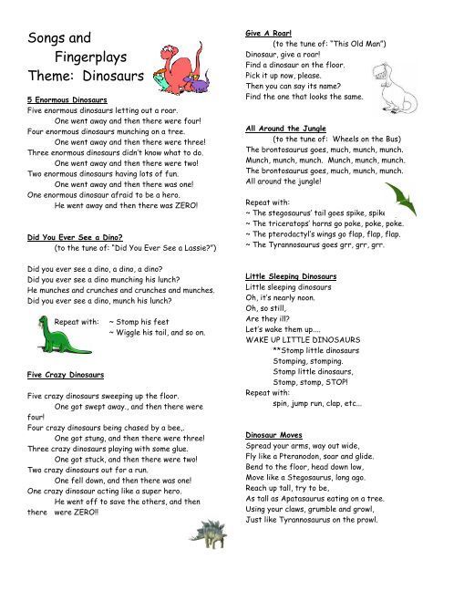 an open book with dinosaurs and other words on it, including the title for song and fingerplays theme