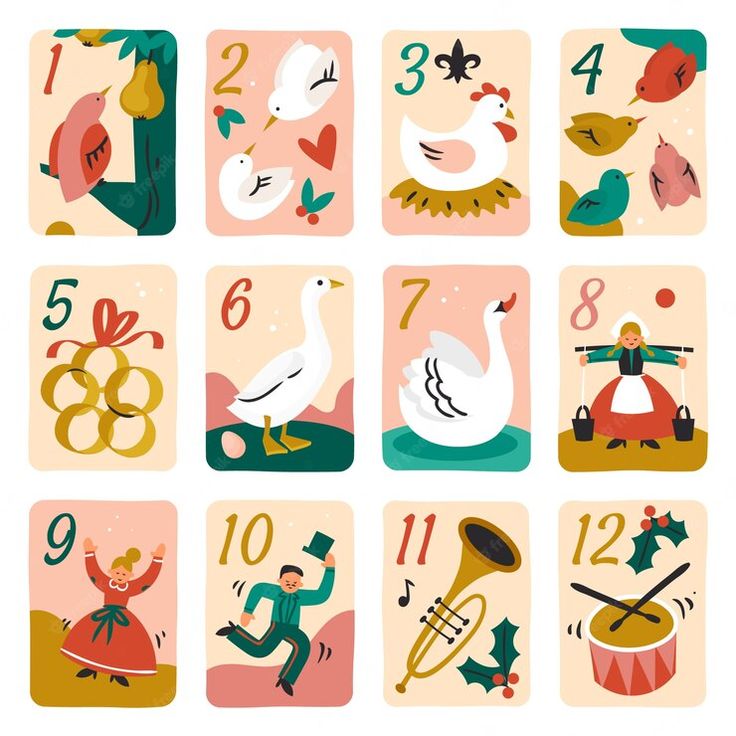 the twelve days of christmas cards are shown in different colors and sizes, including numbers