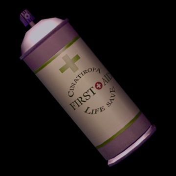 the first aid bottle is lit up on a black background with no one around it