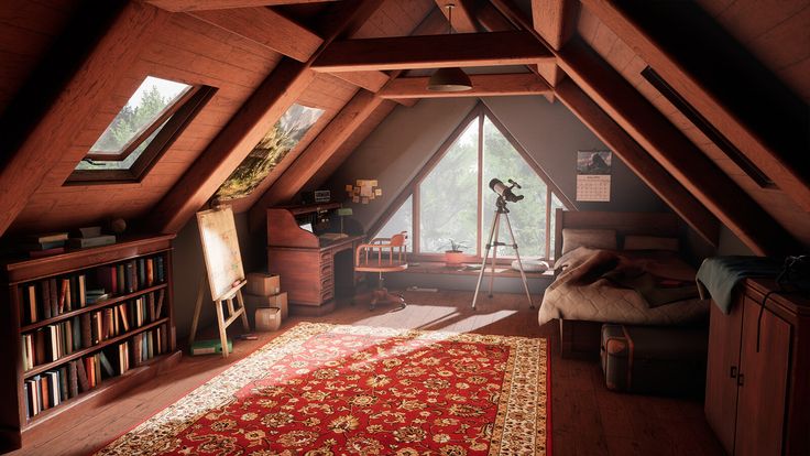 attic bedroom with slanted ceiling and large red rug on wooden flooring, bookshelf in the corner