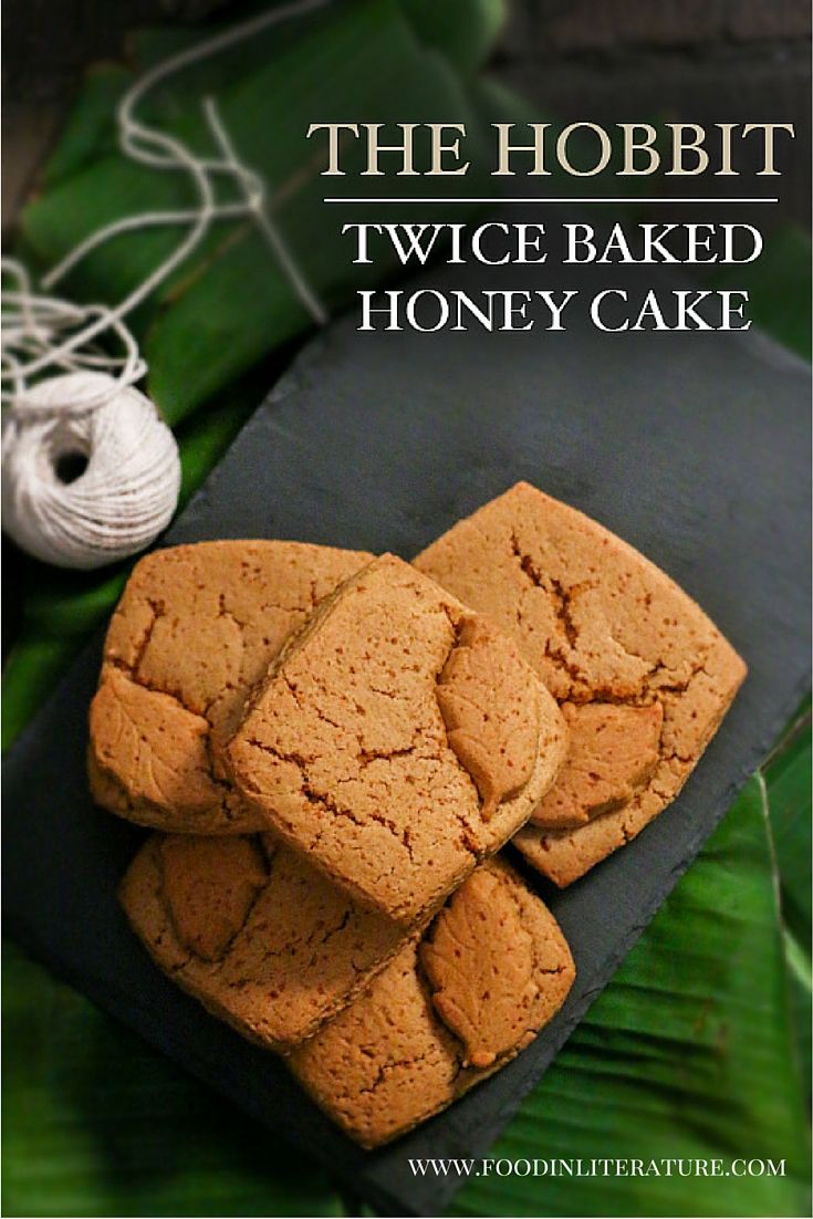 some cookies are stacked on top of each other with the words, the hobbit twice baked honey cake