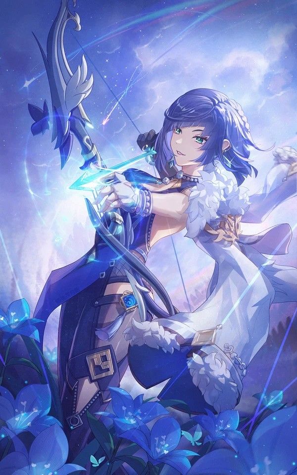 an anime character holding a bow and arrow in her hands with blue flowers around her