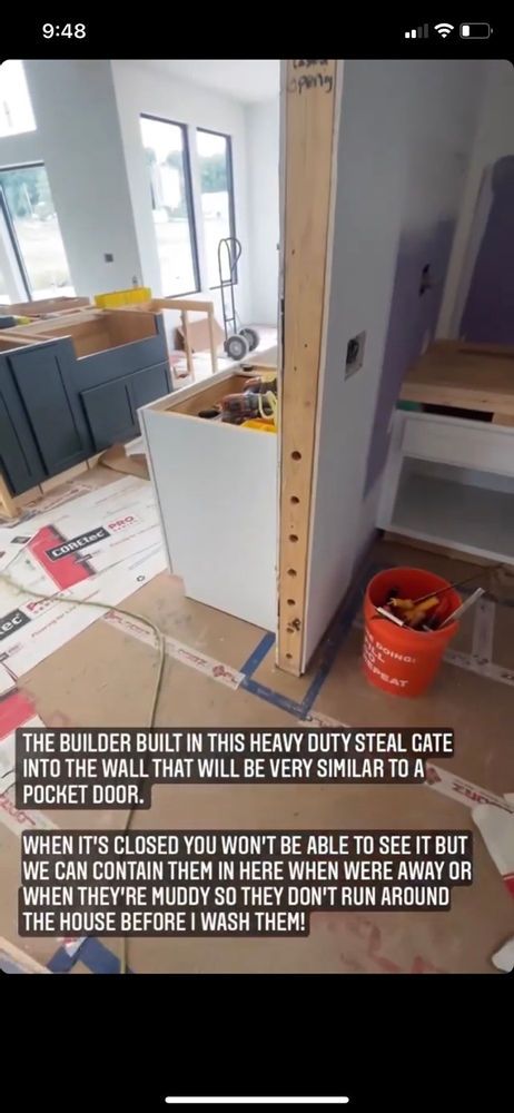 an image of a kitchen being built in the middle of the day with text overlaying it