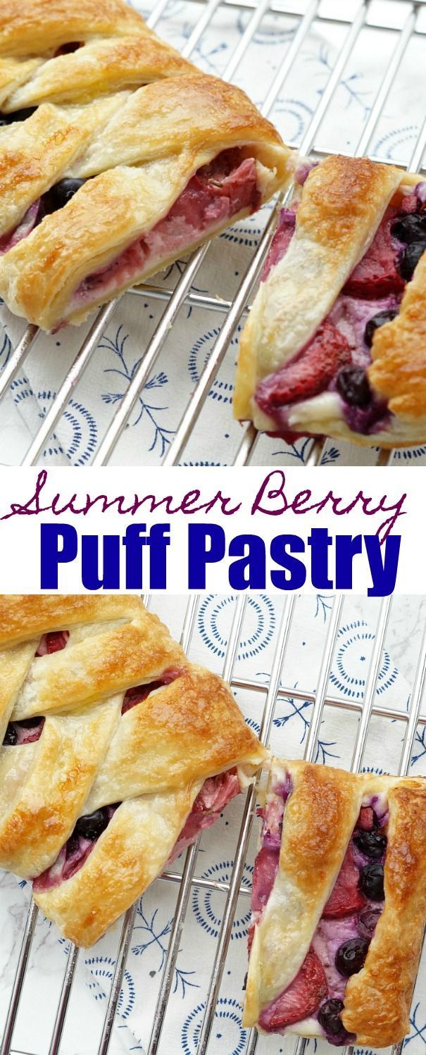 two pictures of puff pastry with blueberries and raspberry filling