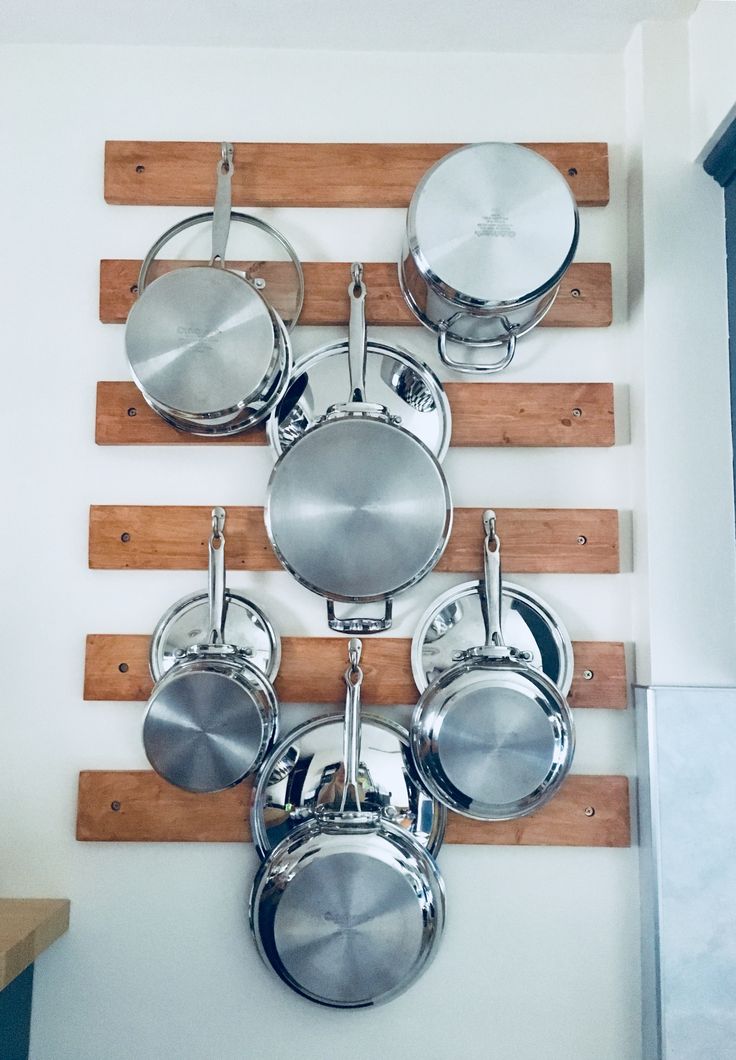 pots and pans are hanging on the wall