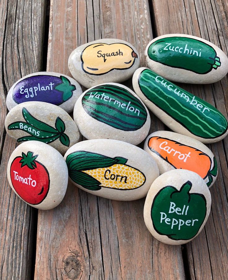 painted rocks with vegetables on them are sitting on a wooden table and have names written on them