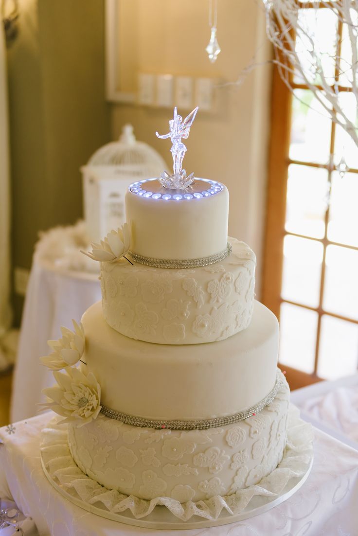 a three tiered wedding cake sitting on top of a table