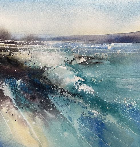 watercolor painting of waves crashing on the beach