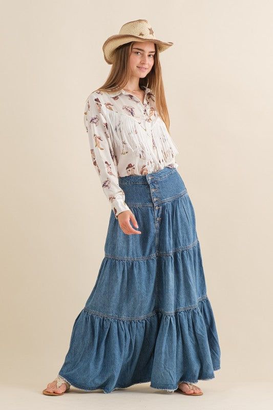 Frayed denim maxi skirt/shambray/cotton Denim Blue Bohemian Cotton Skirt, Chic Denim Tiered Skirt, Bohemian Style Denim Blue Cotton Skirt, Bohemian Dark Wash Bottoms For Spring, Spring Bohemian Wide Leg Denim Skirt, Bohemian Wide Leg Denim Skirt For Spring, Spring Bohemian Wide-leg Denim Skirt, Bohemian Denim Blue Cotton Skirt, Casual Wide Leg Dark Wash Maxi Skirt