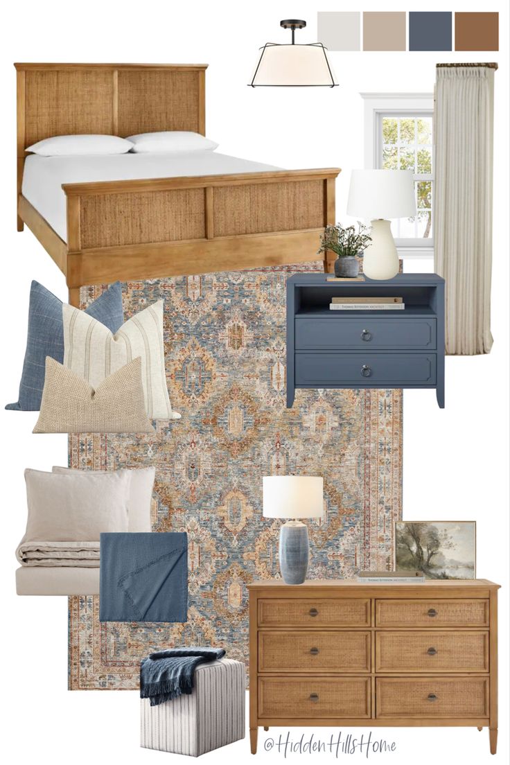 Blue and brown bedroom decor mood board featuring a tan cane bed and a blue nightstand Moody Apartment, Tan Bedroom, Lovely Bedroom, Design Boards, Bedroom Bliss, Building House, Brown Bedroom, Primary Bedroom, Garage House