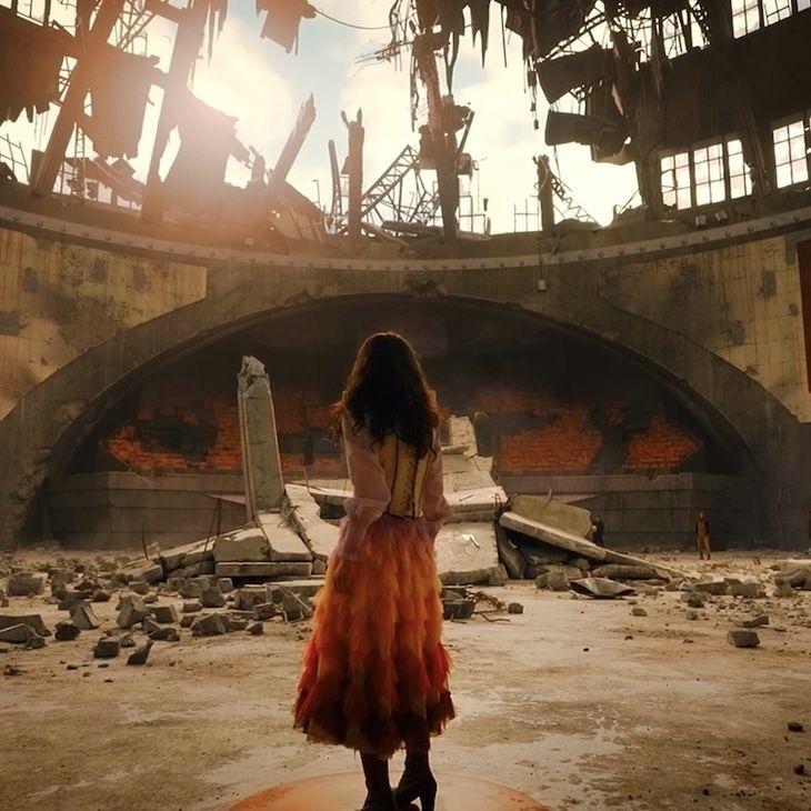 a woman standing in an abandoned building looking at the ground with debris all around her