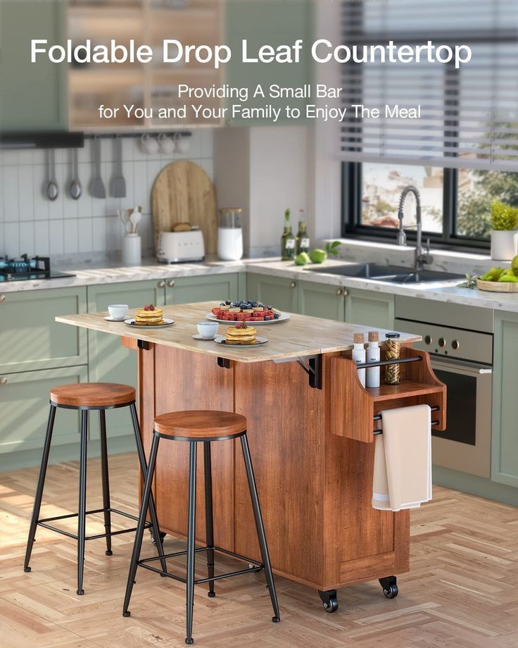 a kitchen island with two stools in front of it and the words foldable drop leaf countertop providing small bar for you and your family to enjoy