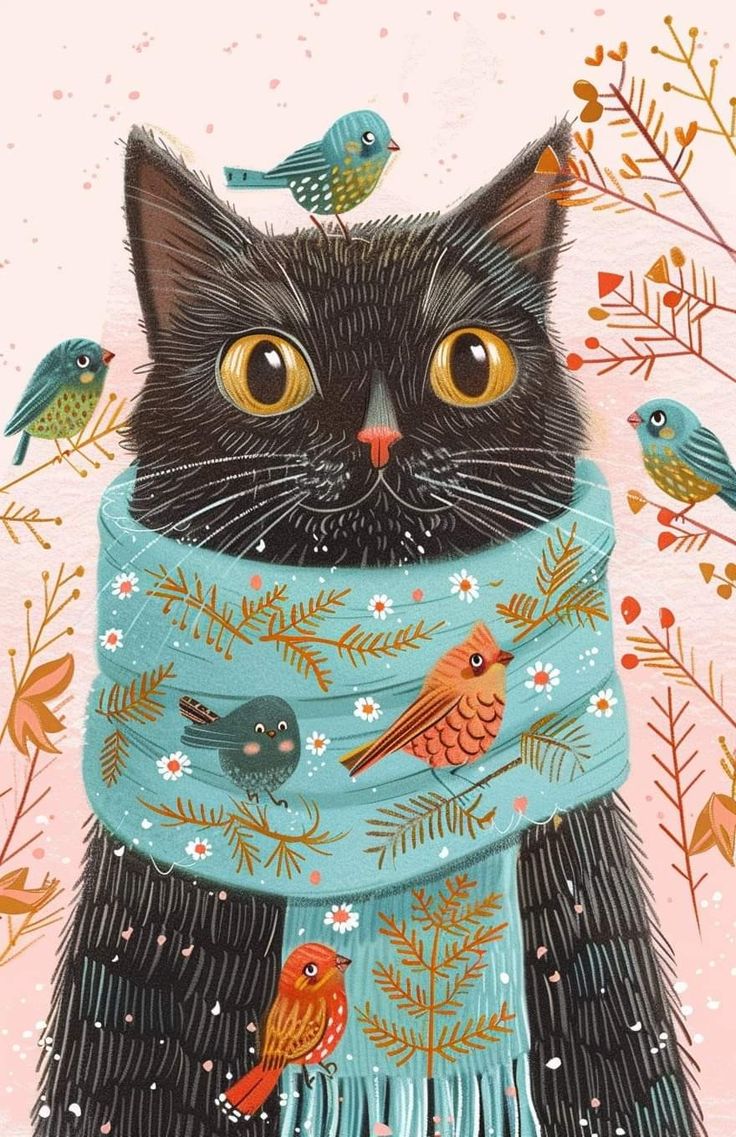 a black cat wearing a blue scarf with birds on it's neck and in the background is snowflakes