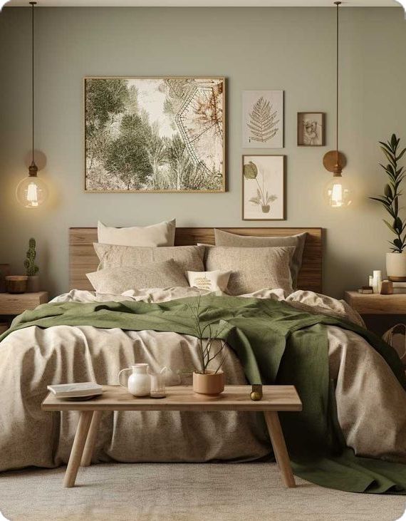 a bed with green sheets and pillows in a bedroom next to two tables on either side