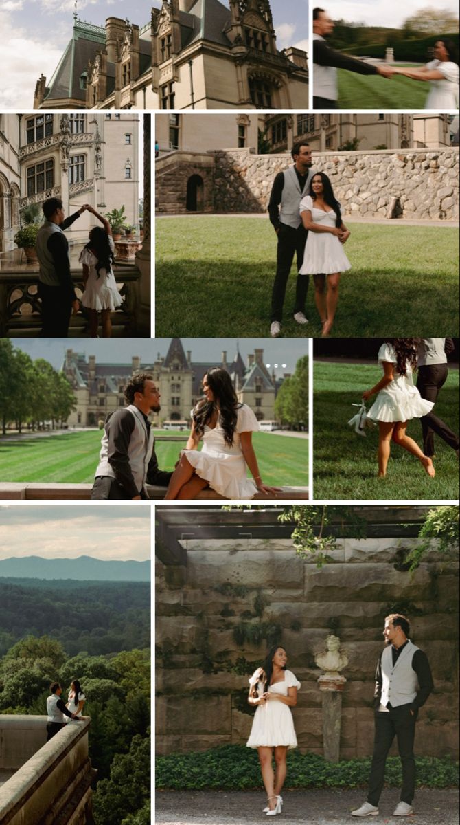 a collage of people standing in front of a castle