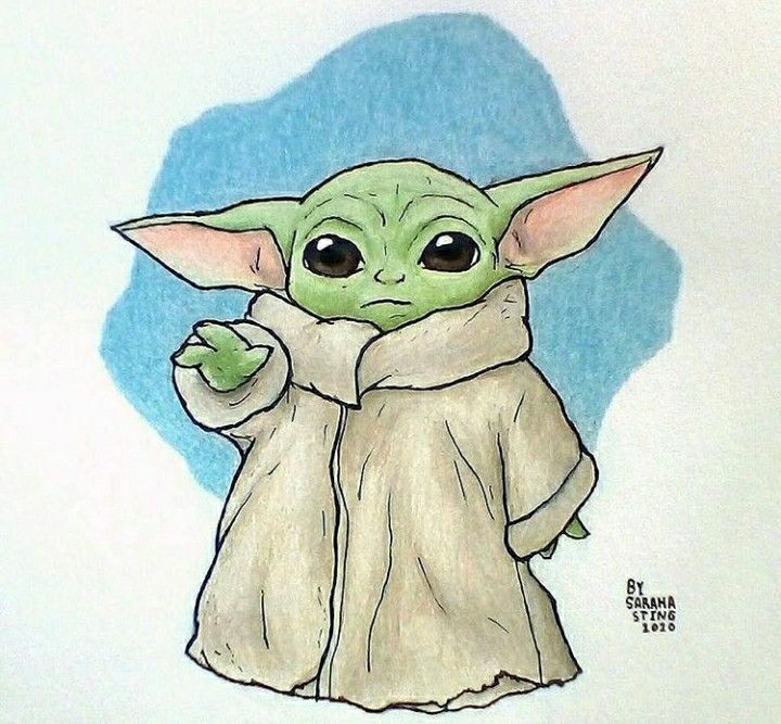 a drawing of a baby yoda holding something