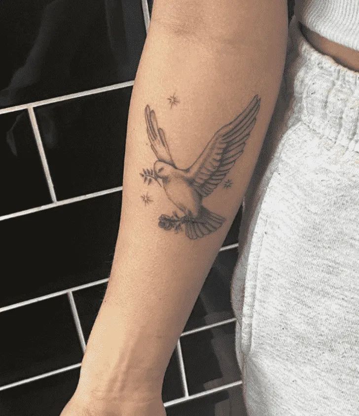 a woman's arm with a bird and stars tattoo on the left side of her arm